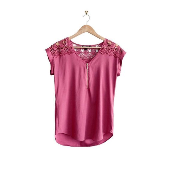 Express Blouse Lace Top Pink Front Zip V-Neck Sleeveless Women's S - Picture 1 of 7